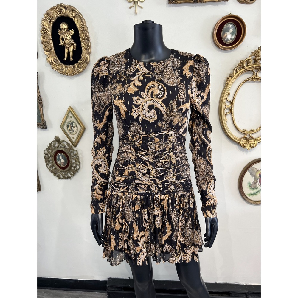Thurley Black and Gold Paisley Long-Sleeve Mini Dress Size 2